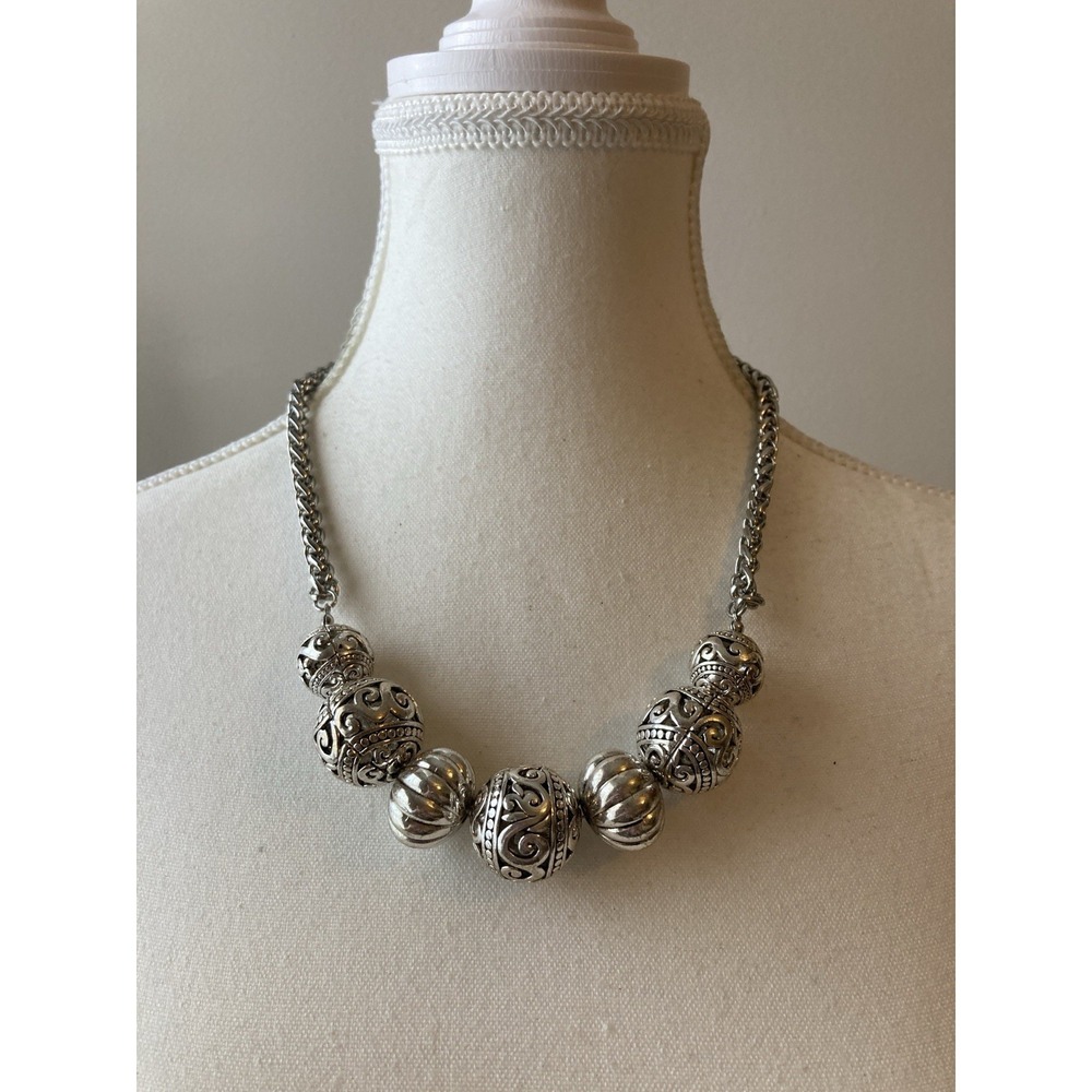 Silver Tone Ornate Filigree Ball Bead Chain Necklace‎ Classic Chunky Boho 20in